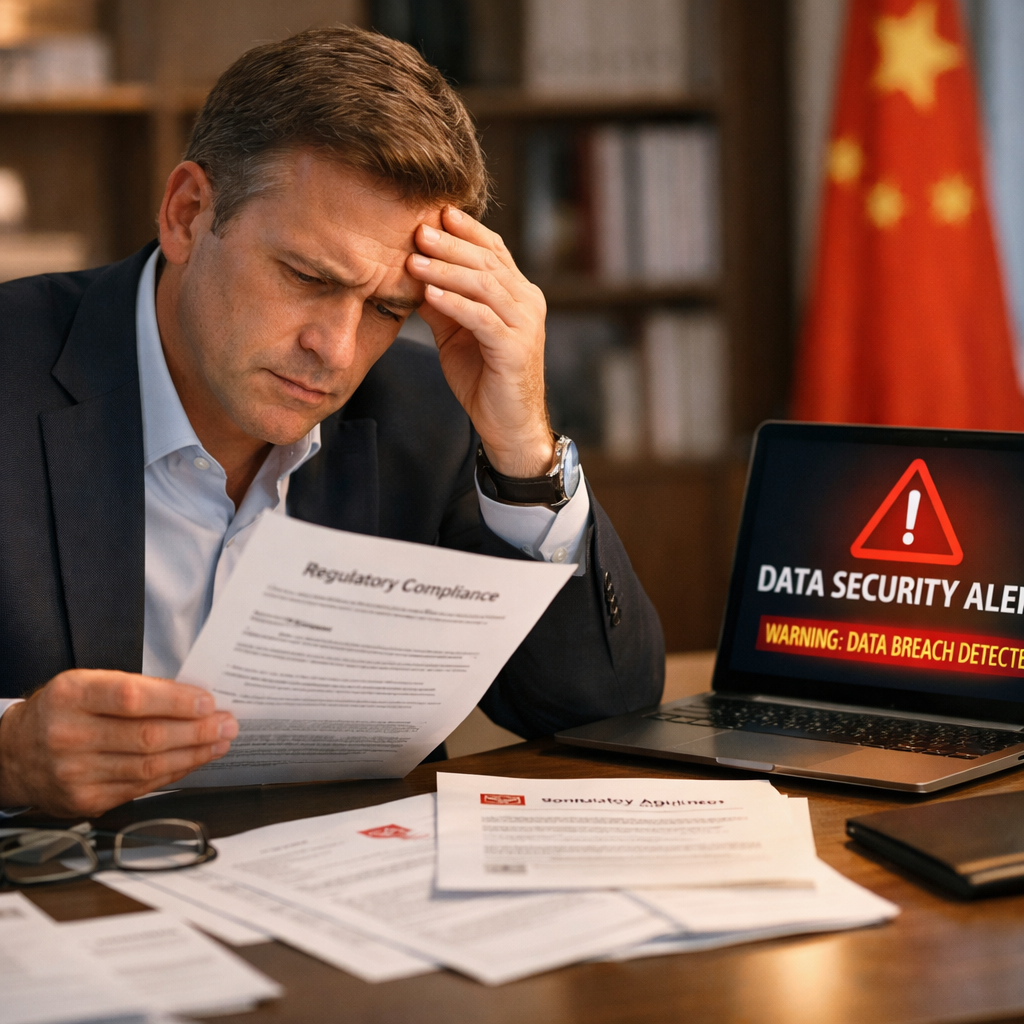 A professional business setting showing a concerned foreign executive reviewing documents at a modern office desk in China, with visible regulatory compliance papers and a laptop displaying data security warnings. The scene captures the anxiety of regulatory compliance through warm office lighting, shot with 50mm lens at f/2.8 for shallow depth of field, photo style with natural lighting and high detail.