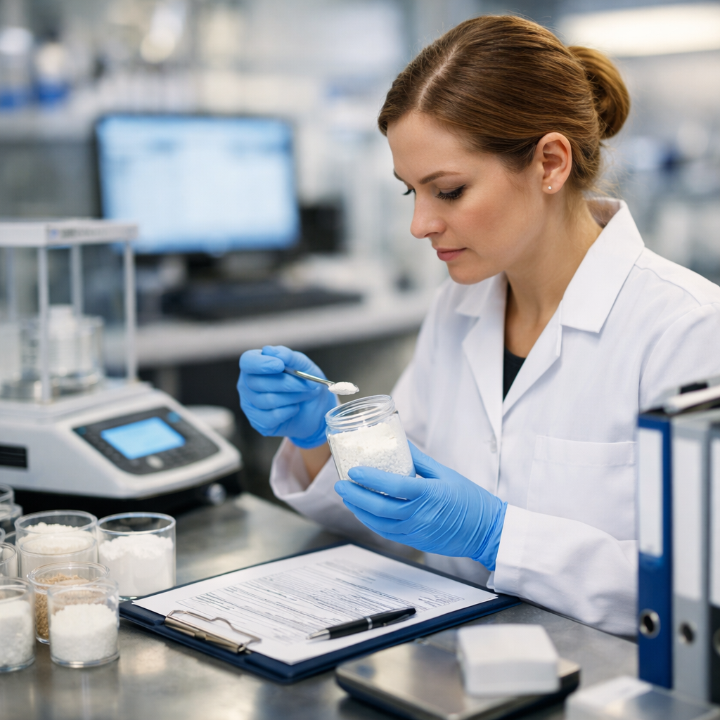 A detailed photo of a modern pharmaceutical quality control laboratory, showing a quality assurance specialist in white lab coat examining raw material samples at a clean workstation, with digital testing equipment and organized documentation binders visible, bright professional lighting, shot with 50mm lens at f/2.8, shallow depth of field, photo style