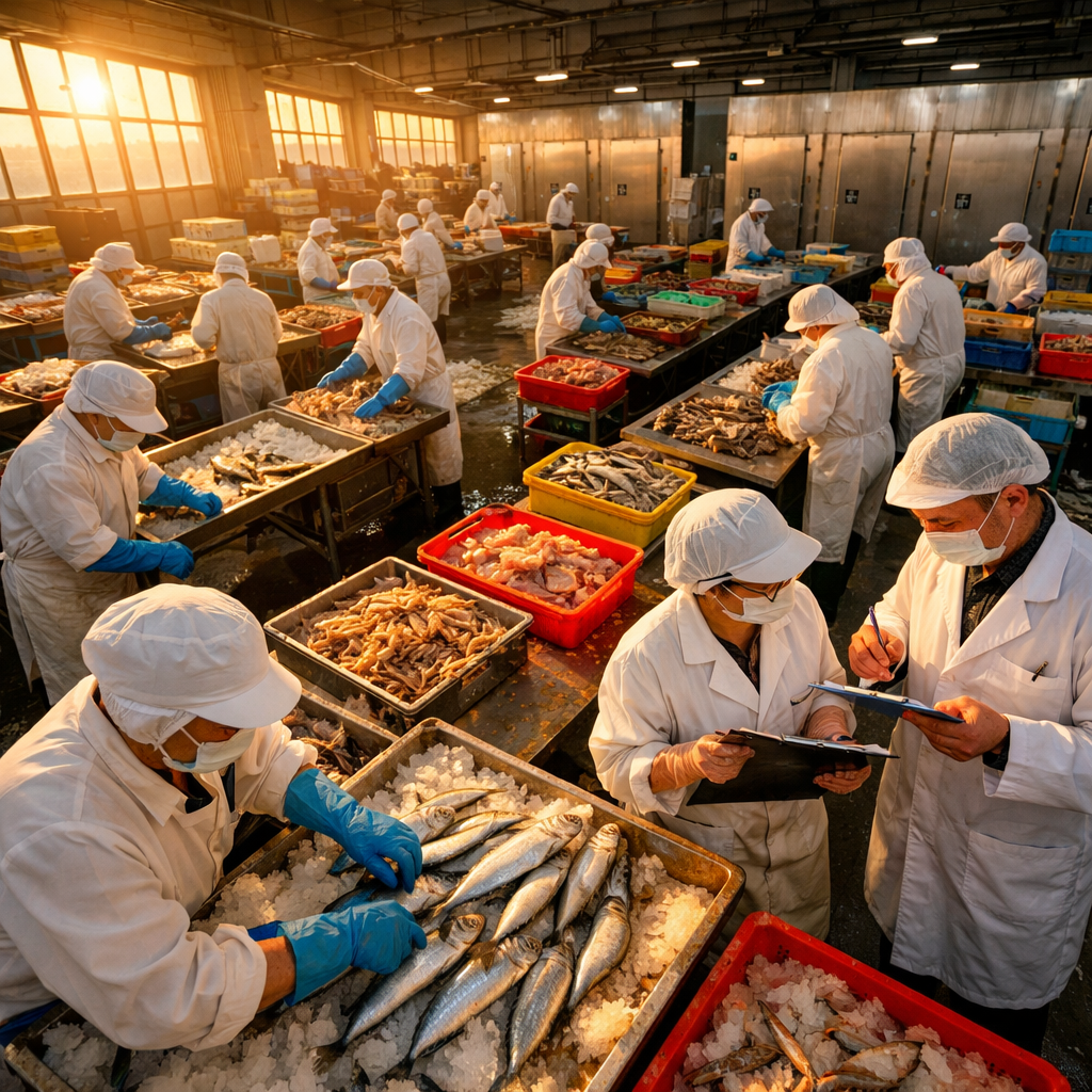 A dramatic overhead view of a busy Chinese seafood processing facility at golden hour, workers in white protective gear carefully sorting fresh fish on stainless steel tables, quality control inspectors examining products with clipboards, industrial refrigeration units visible in background, natural sunlight streaming through large windows creating dynamic shadows, shot with 24mm wide-angle lens, f/4 aperture, professional documentary photography style, high detail, warm and cool color contrast
