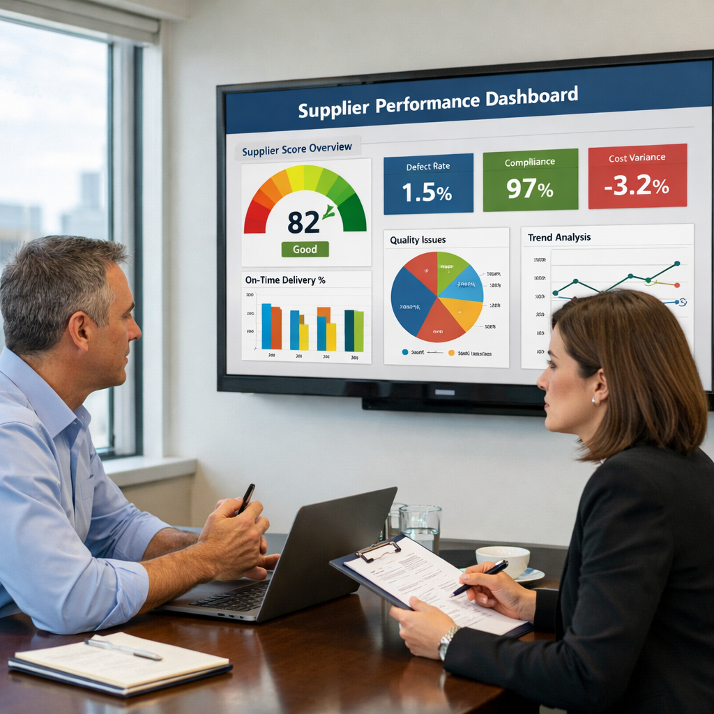 A professional business scene showing two quality managers reviewing supplier performance metrics on a large monitor displaying colorful charts and KPI dashboards, in a modern conference room setting, natural window lighting, clean corporate environment, Canon EOS R5, 35mm lens, f/4, photo style