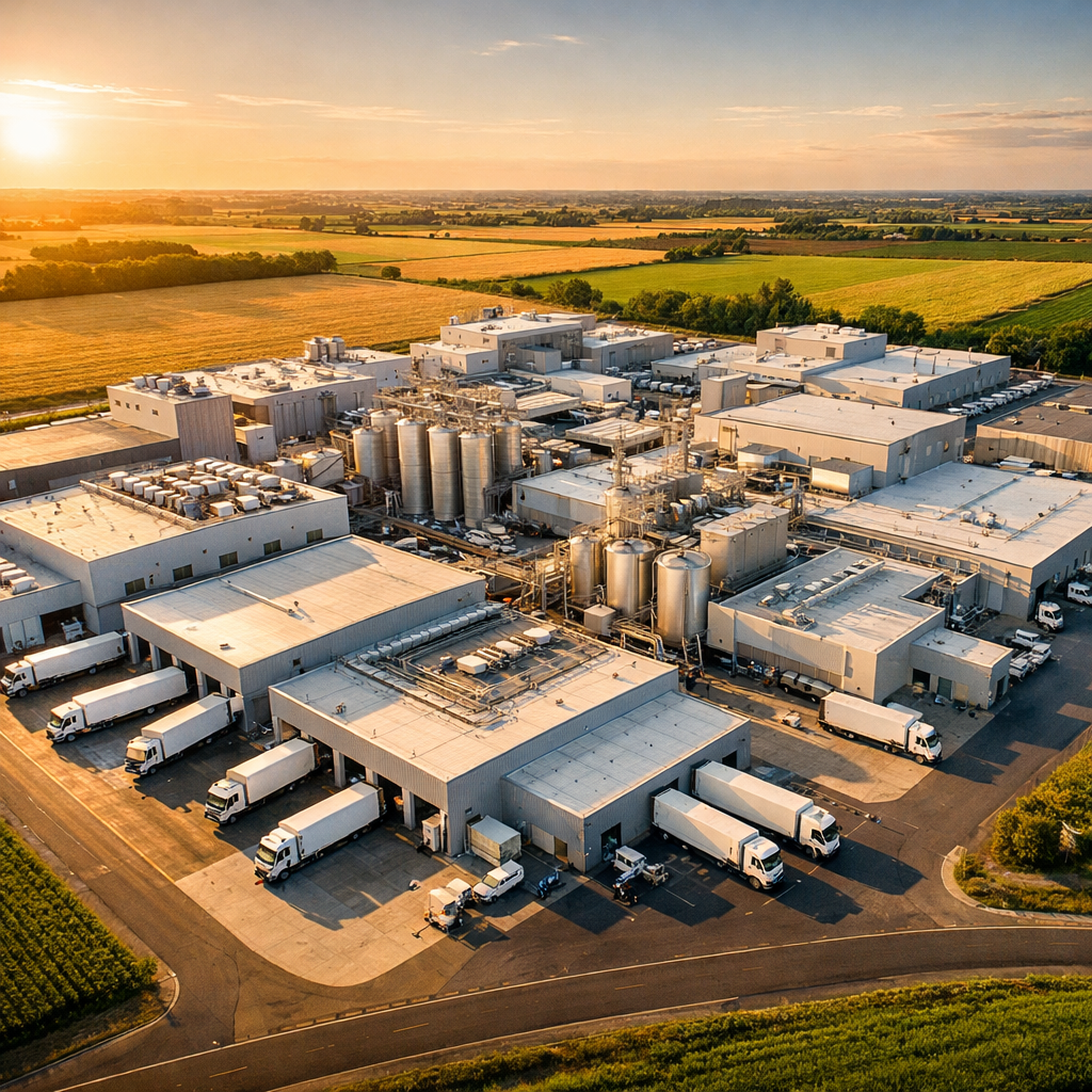 An organized cluster of modern food processing facilities aerial view, multiple connected buildings with loading docks, delivery trucks, clean industrial architecture, surrounded by agricultural fields, golden hour lighting, shot with wide-angle lens, landscape format, DSLR camera, high contrast, professional architectural photography style