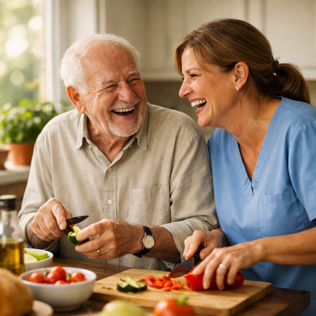 A heartwarming photo of an elderly man and his caregiver sharing a genuine laugh while working together in a bright kitchen. The caregiver, a middle-aged woman with a warm smile, is helping him prepare a meal. Both are engaged and happy, showing natural connection and friendship. The kitchen is well-lit with morning sunlight, plants on the windowsill, and cooking ingredients spread on the counter. Shot with 35mm lens, f/2.8, natural window lighting, shallow depth of field, photo style.