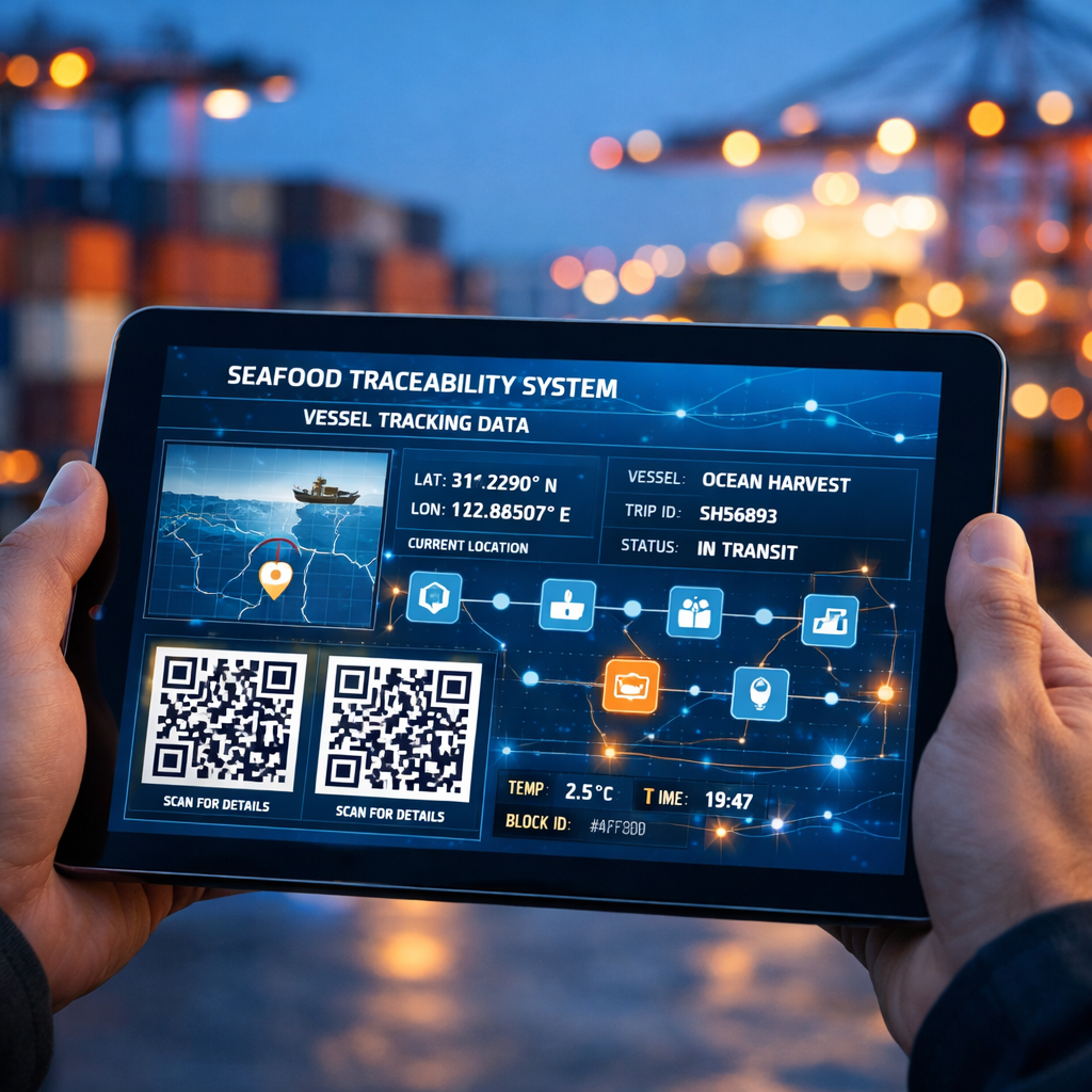 Close-up photo of hands holding a digital tablet displaying a seafood traceability system with GPS coordinates and QR codes, background shows shipping containers at a modern Chinese port during blue hour, sophisticated blockchain interface visible on screen with vessel tracking data, shot with 50mm lens, f/2.8 aperture creating shallow depth of field, bokeh effect on background containers, professional commercial photography, cool blue tones with warm highlights, highly detailed, technology meets logistics aesthetic