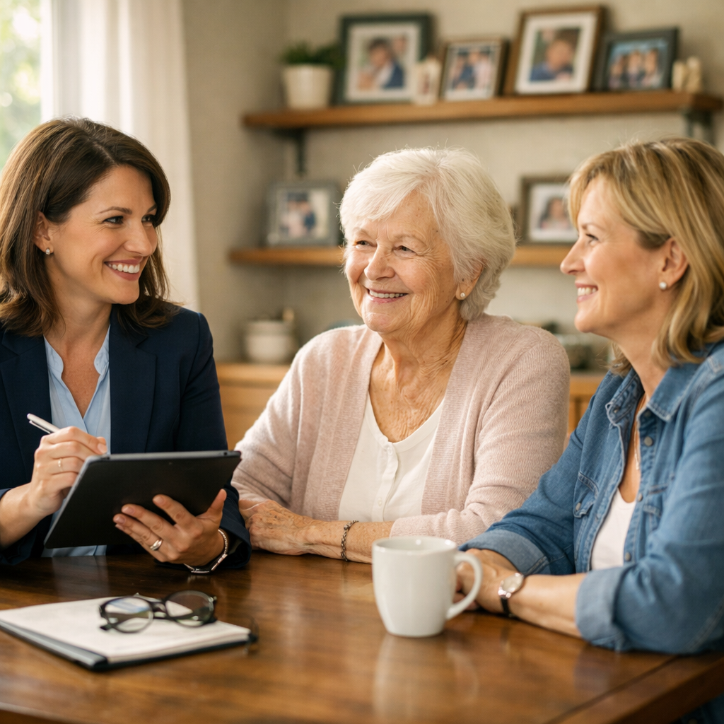 A warm and inviting scene showing a professional care consultant sitting at a dining table with an elderly woman and her adult daughter in a sunlit home. The consultant is holding a tablet and taking notes while engaged in friendly conversation. The elderly woman looks comfortable and relaxed, smiling gently. Natural lighting streams through nearby windows, highlighting the homey atmosphere with family photos visible on shelves in the background. Shot with 50mm lens, f/2.8, natural lighting, photo style.