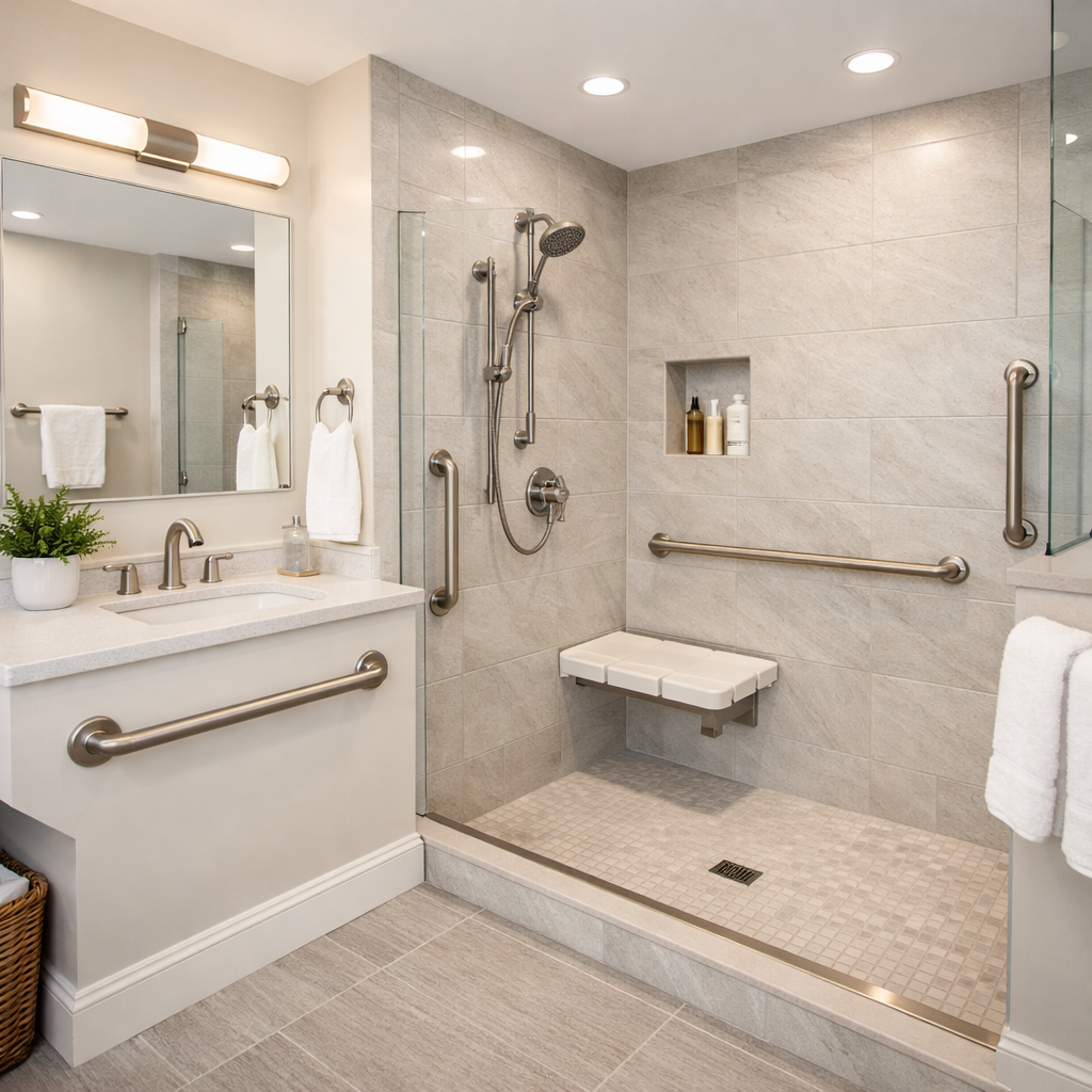 A modern, accessible home interior showing a bright, safety-enhanced bathroom with stylish grab bars in brushed nickel, a walk-in shower with built-in seat, non-slip flooring, and excellent lighting. The design is elegant and contemporary, not institutional. Wide-angle lens, natural lighting, high-end interior design photography style, clean and bright atmosphere, photo style, f/4, sharp details