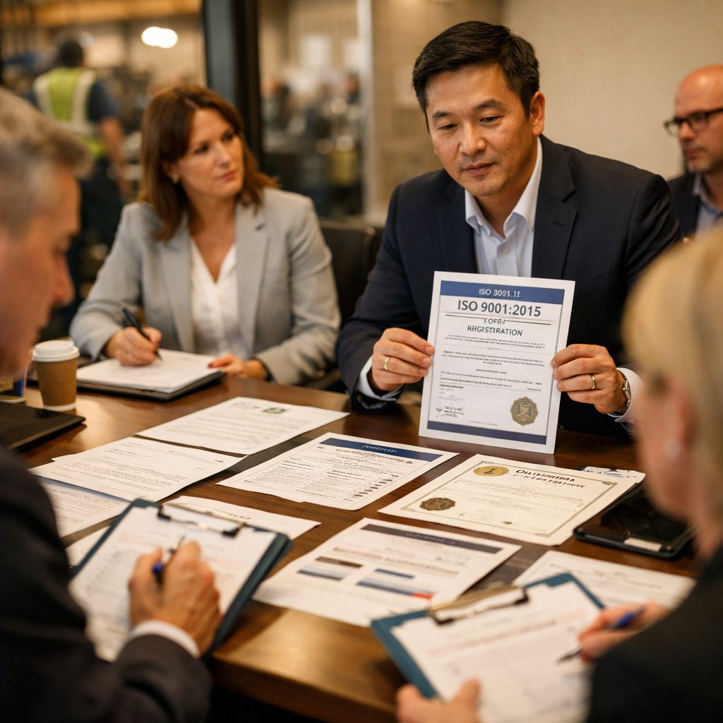 A professional business meeting scene showing a quality assurance team conducting a supplier audit, with auditors reviewing documentation and facility operations, suppliers presenting certificates and quality records on a conference table, warm office lighting, shot with 35mm lens, shallow depth of field, photo style, natural collaborative atmosphere, business professional setting