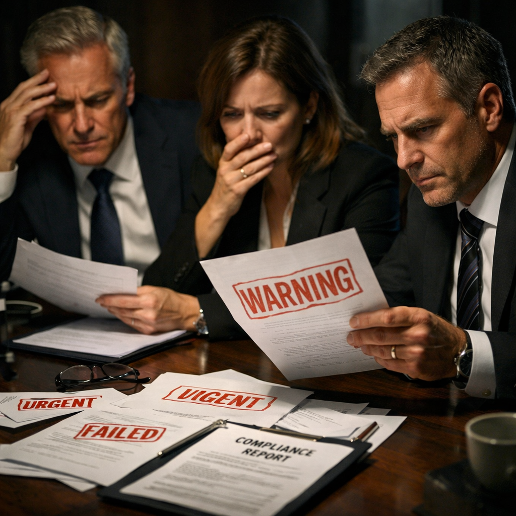 A dramatic courtroom or corporate boardroom scene in photo style, showing worried business executives reviewing documents with red warning stamps and regulatory papers scattered on a dark wooden table, shot with 50mm lens at f/2.8, dramatic side lighting creating strong shadows, high contrast, professional DSLR quality, cinematic atmosphere conveying tension and concern