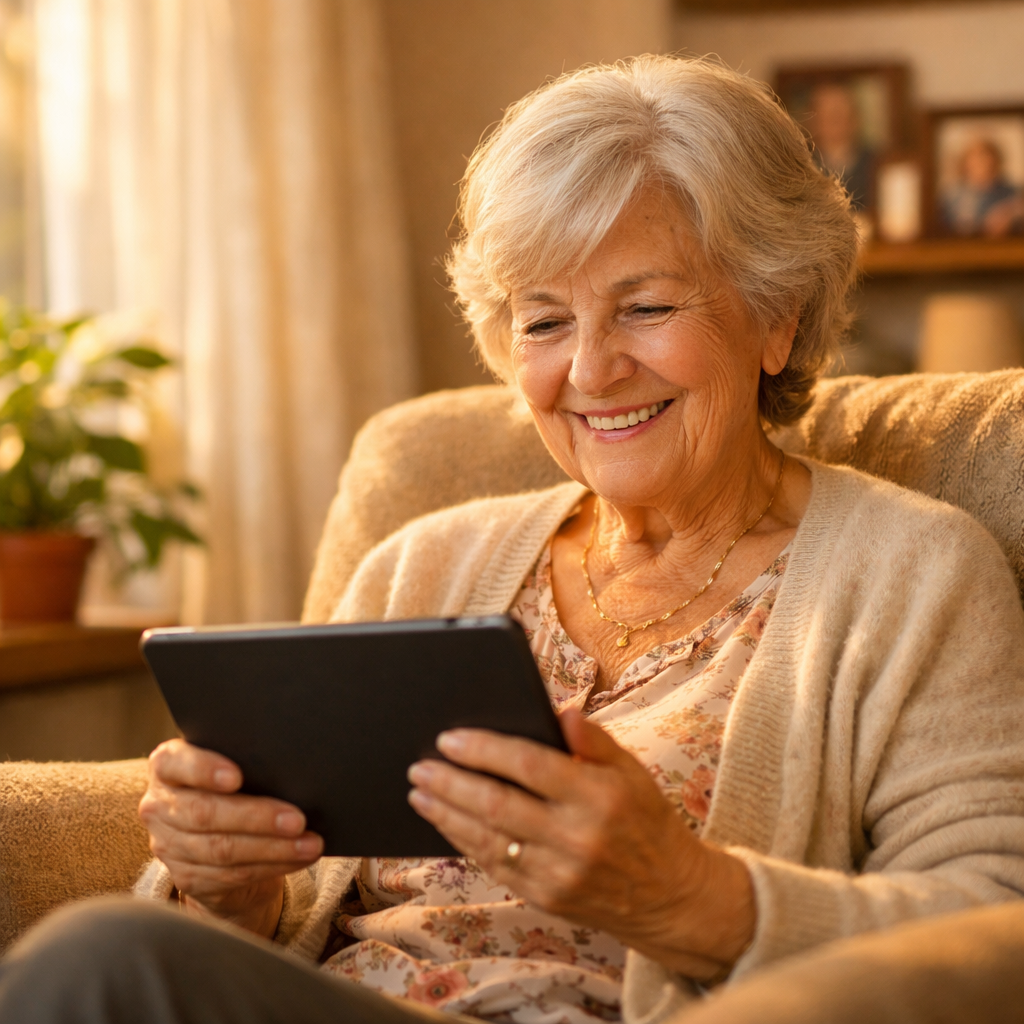 A warm, inviting photo of a senior woman in her 70s sitting comfortably in her sunlit living room, smiling while looking at a tablet. The room features family photos on shelves, a cozy armchair, plants by the window, and warm natural lighting streaming through sheer curtains. Shot with 50mm lens, f/2.8, shallow depth of field, golden hour lighting, photo style, highly detailed, warm tones