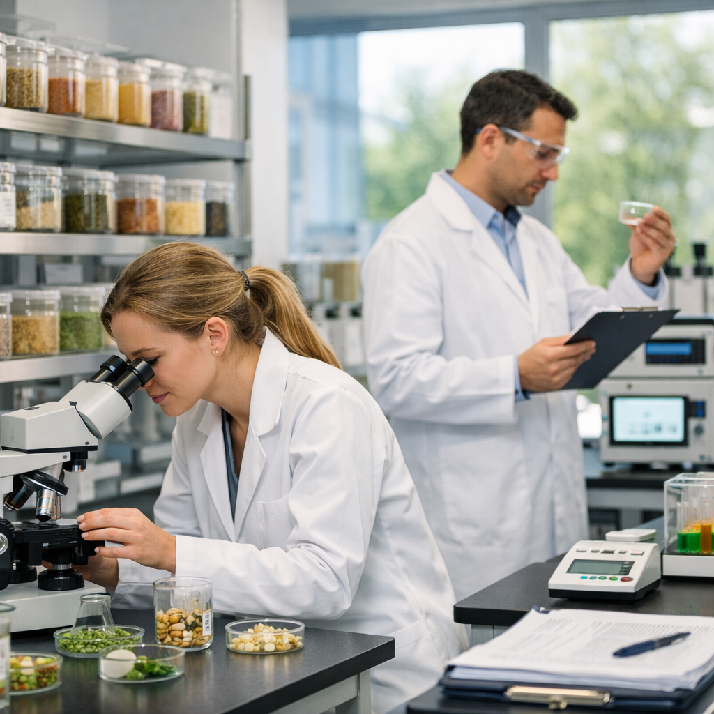A modern pharmaceutical quality control laboratory with scientists in white lab coats examining supplement ingredients under bright LED lighting, featuring organized shelves of raw materials in clear containers, digital testing equipment, and documentation stations, shot with 50mm lens, f/2.8, natural lighting through large windows, professional photo style, highly detailed, clean and sterile environment