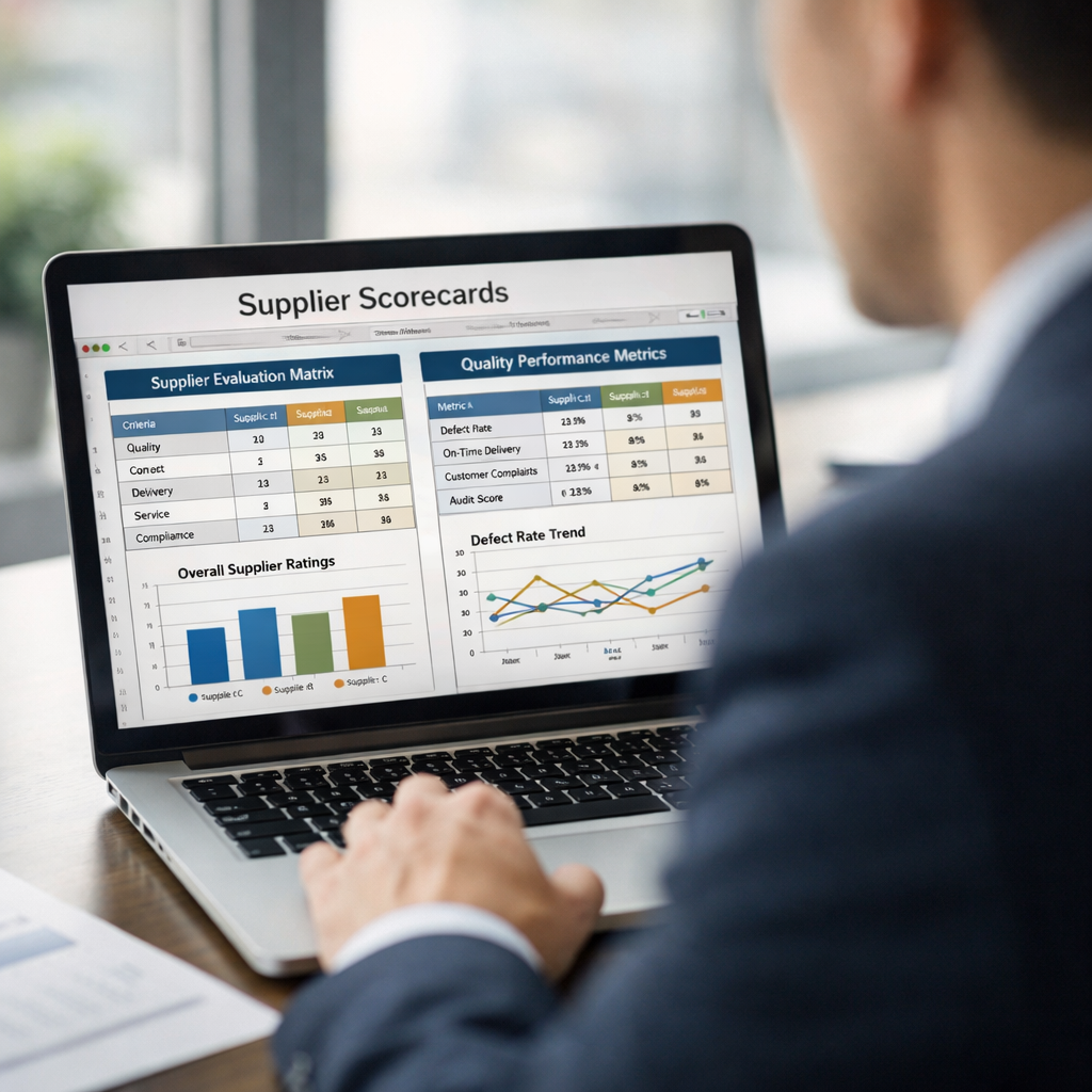A professional business person reviewing detailed supplier scorecards on a modern laptop screen in a bright office environment, with organized Excel spreadsheets displaying evaluation matrices and quality metrics clearly visible, natural window lighting, photo style, shot with 50mm lens, f/2.8, shallow depth of field