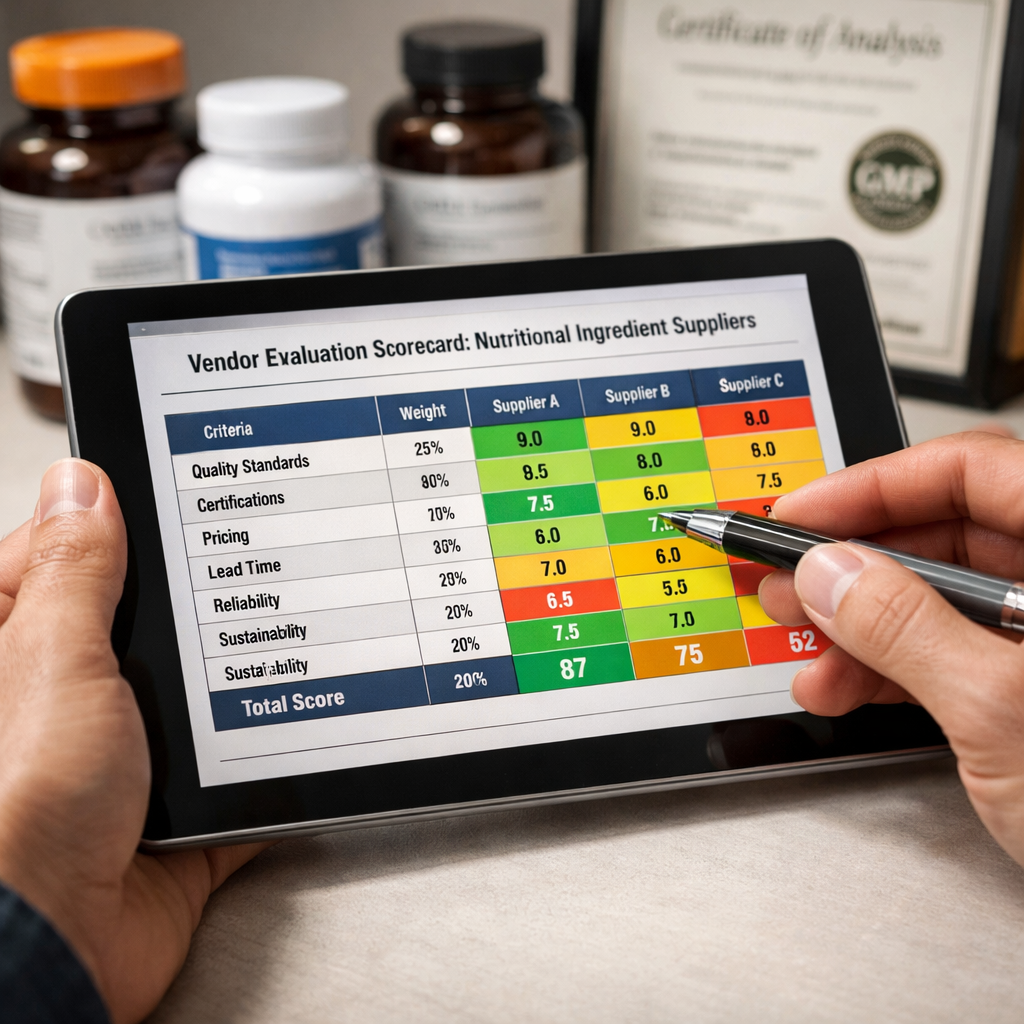 Close-up of hands analyzing a comprehensive vendor evaluation template on a tablet device, showing weighted scoring criteria and color-coded performance indicators for nutritional ingredient suppliers, with supplement bottles and quality certificates arranged on a clean desk surface, soft overhead lighting, photo style, macro lens, highly detailed, professional workspace atmosphere