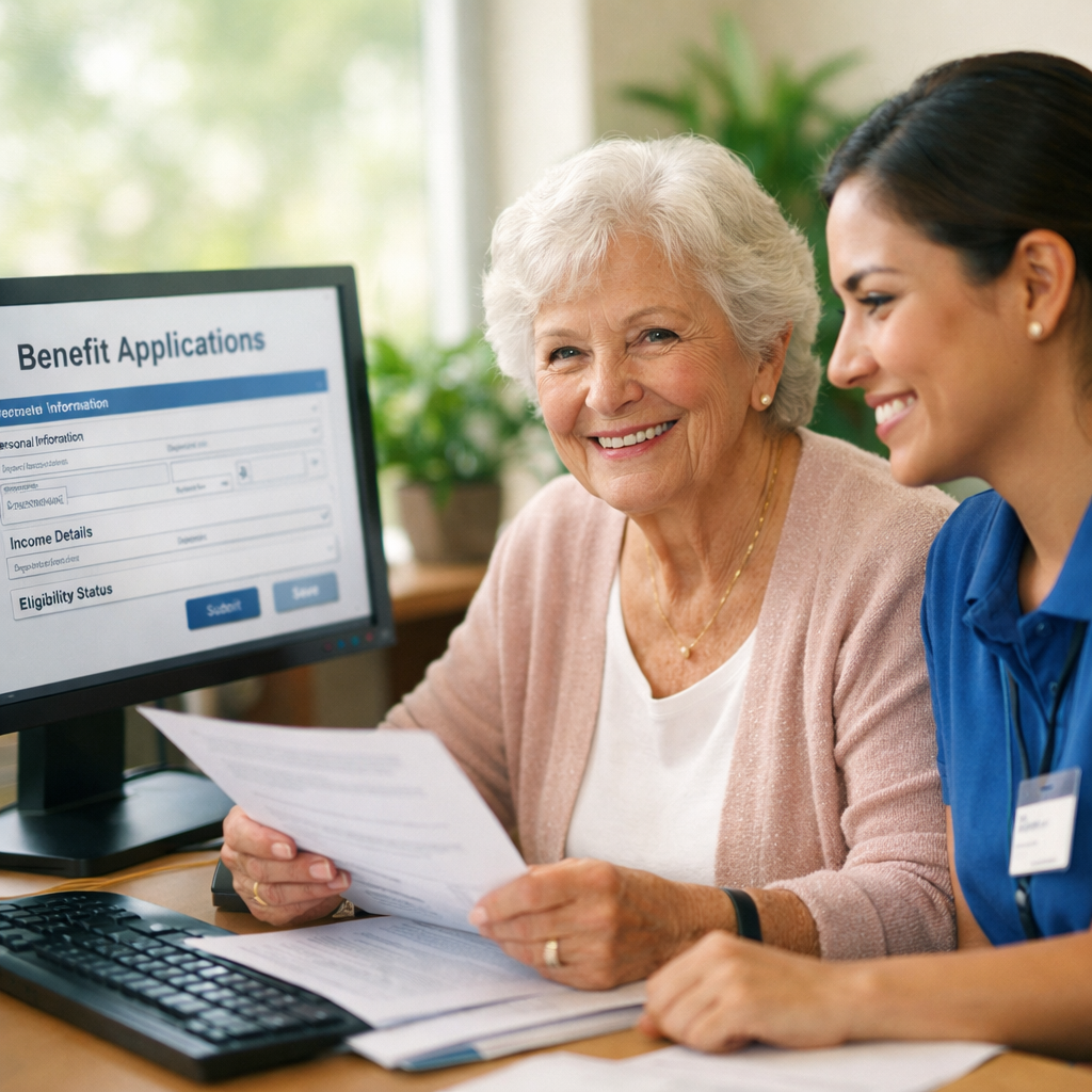 An elderly woman smiling confidently while reviewing documents at a desk with a helpful community worker, both looking at a computer screen showing benefit applications, bright office setting with plants, natural window light, shallow depth of field, f/2.8, photo style