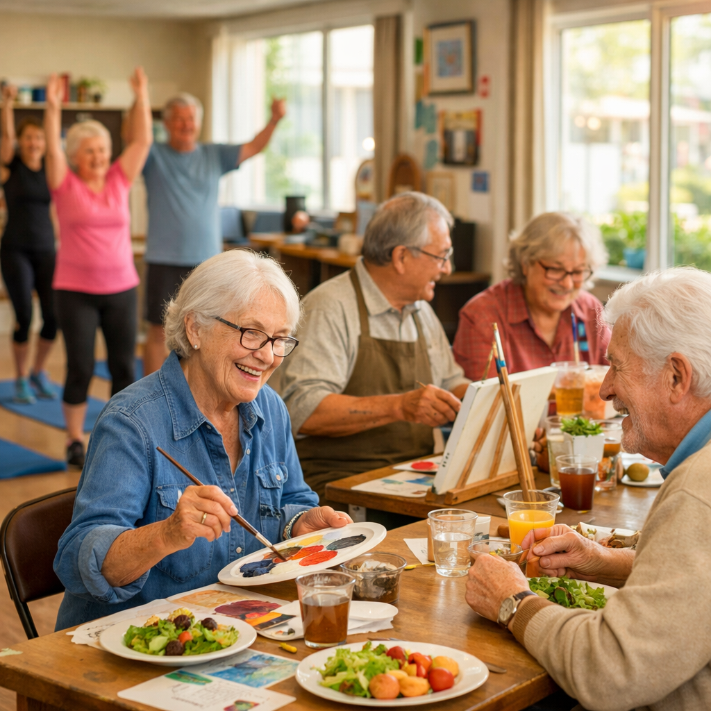 A diverse group of active senior citizens engaging in various community activities - some attending a fitness class, others participating in an art workshop, and a few chatting over a community meal in a bright, welcoming community center, natural lighting, warm atmosphere, shot with 50mm lens, photo style