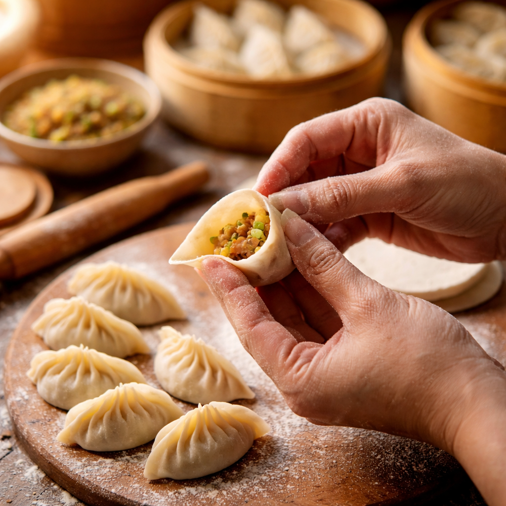 A vibrant overhead photo of traditional Chinese dumplings being hand-folded by skilled artisan hands, shot with 50mm lens, f/2.8, shallow depth of field, warm natural lighting streaming through a window, traditional bamboo steamer baskets in soft focus background, highly detailed texture of dumpling wrapper, rule of thirds composition, photo style
