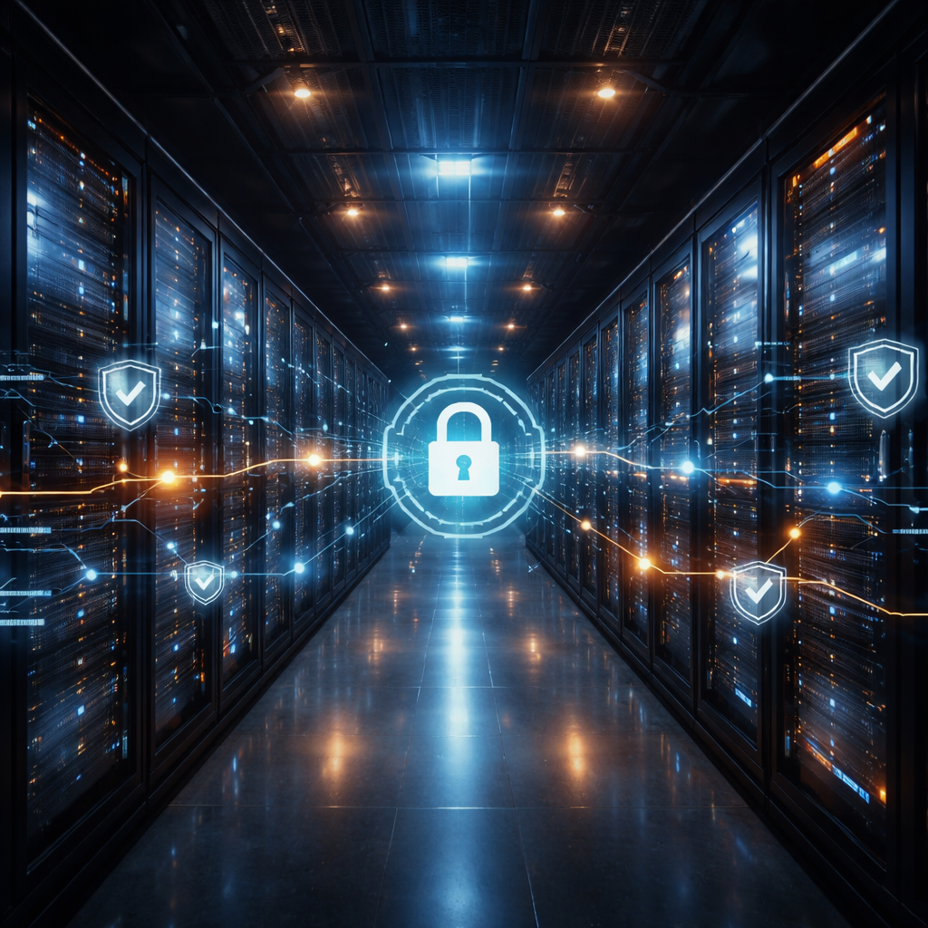 A sophisticated data center with rows of illuminated server racks and digital security interface overlays showing data flow paths and encryption symbols, blue and amber lighting, high-tech atmosphere, shot with wide-angle lens, photo style