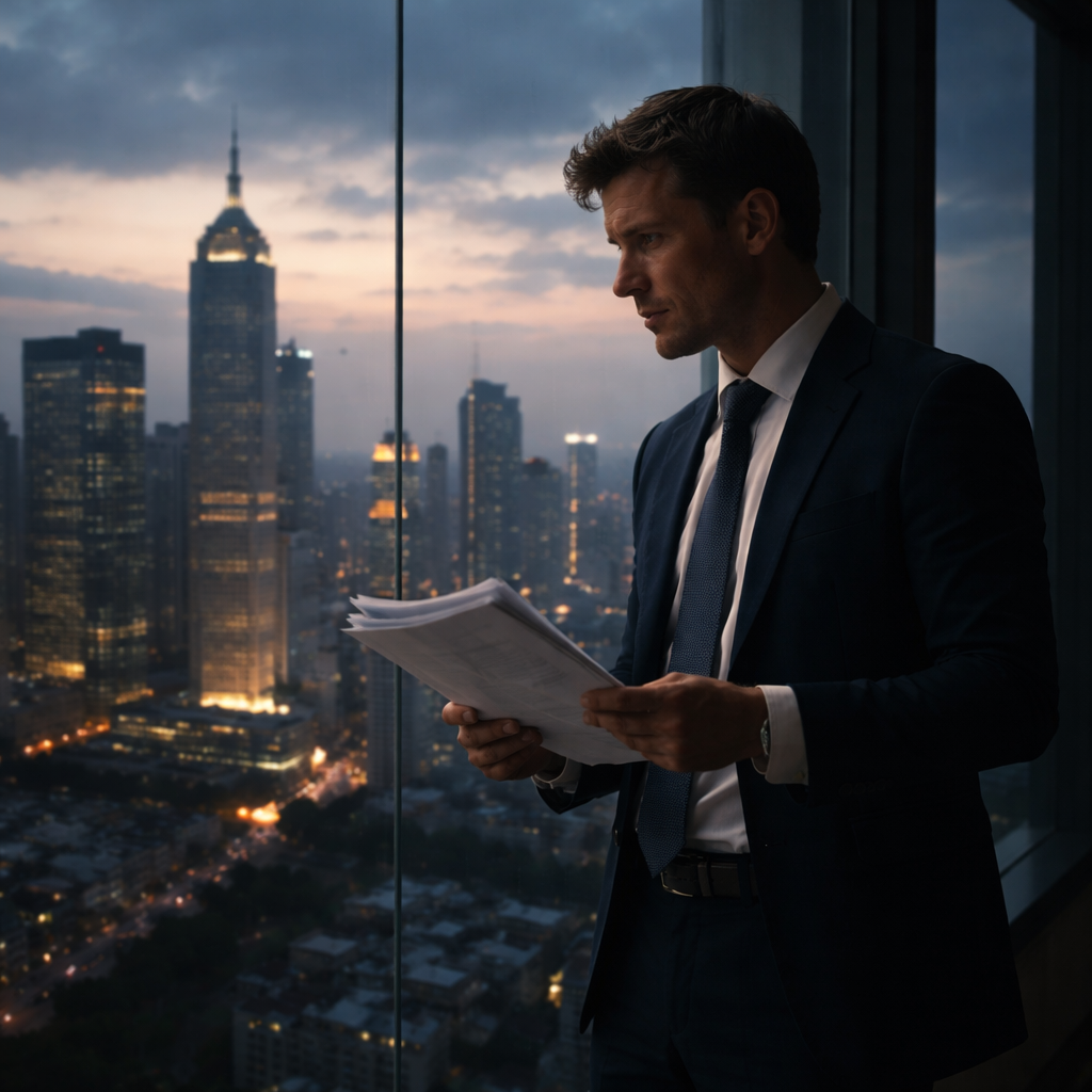 A dramatic corporate office scene with a business professional standing at a glass window overlooking a modern Chinese cityscape at dusk, holding documents with visible concern, shot with 50mm lens at f/2.8, cinematic lighting, photo style