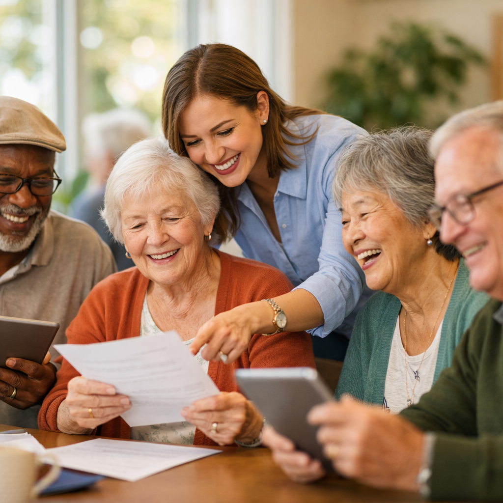 A warm and inviting photo of a diverse group of senior citizens sitting together in a bright community center, smiling while looking at documents and tablets, with a friendly advisor helping them. Natural lighting streams through large windows. Shot with 50mm lens, f/2.8, shallow depth of field, photo style, candid moment