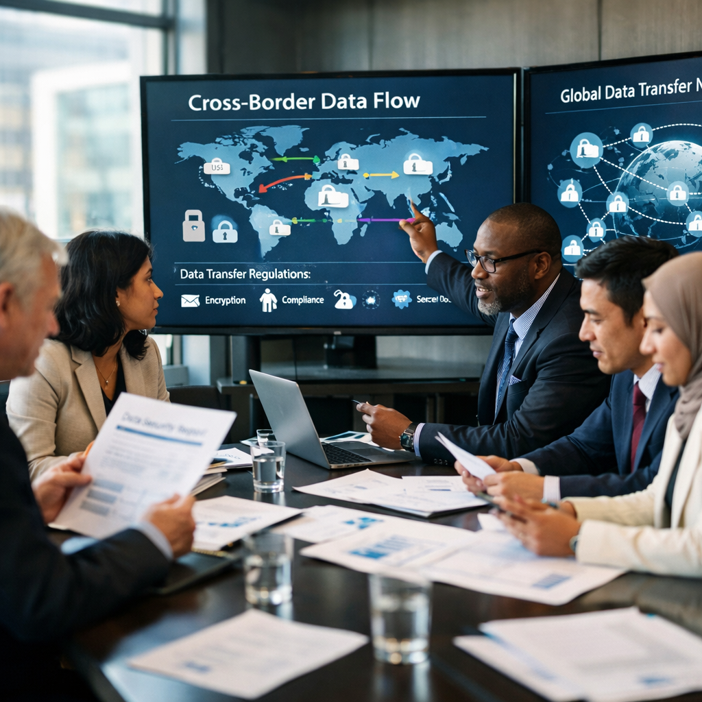 Professional business meeting room with diverse international executives reviewing data security documents and digital screens displaying cross-border data flow diagrams, natural lighting from large windows, shot with 35mm lens, shallow depth of field, contemporary corporate setting, photo style, high contrast
