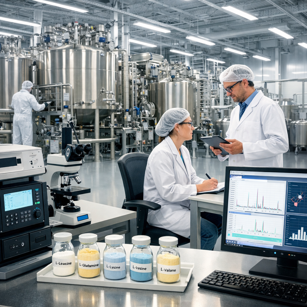 Modern pharmaceutical-grade manufacturing facility showcasing nutritional ingredient production, with gleaming stainless steel equipment, quality control laboratory in foreground with testing instruments and amino acid samples, scientists in white coats analyzing data on digital screens, clean room environment with bright LED lighting, wide-angle lens, high detail, industrial photography style