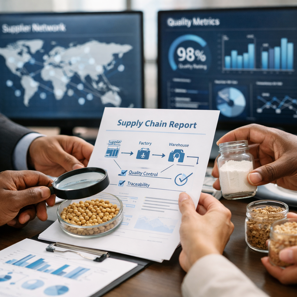 A professional business setting showing diverse hands collaboratively examining transparent supply chain documentation and ingredient samples on a modern desk, with digital displays showing global supplier networks and quality metrics in the background, natural office lighting, shot with 50mm lens, f/2.8, shallow depth of field, photo style
