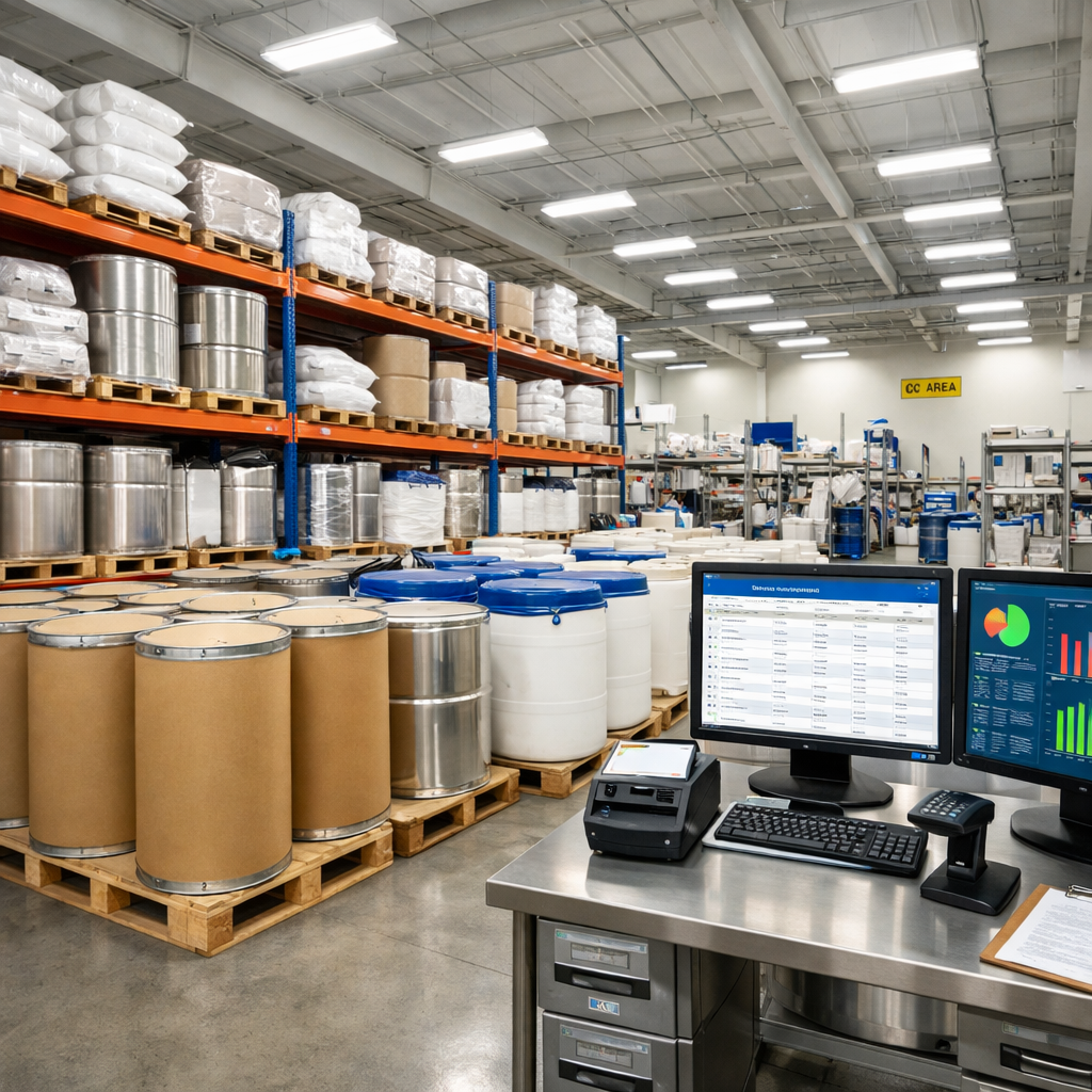 A professional supplement manufacturing facility with organized bulk ingredient storage, showing large containers and drums of raw materials in a clean, well-lit warehouse. Modern inventory management system visible on screens. Bright, efficient lighting highlighting the quality control and organization. Shot with wide-angle lens, photo style, natural lighting, high level of detail.