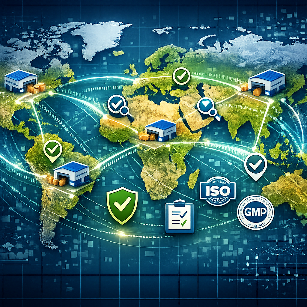 A network visualization of global ingredient sourcing routes connecting multiple continents, with warehouse facilities and quality control checkpoints highlighted, overlaid with digital data streams and compliance certification icons, modern infographic style with transparent layers, aerial perspective, professional color scheme of blues and greens, high contrast, sharp focus, detailed geographic elements