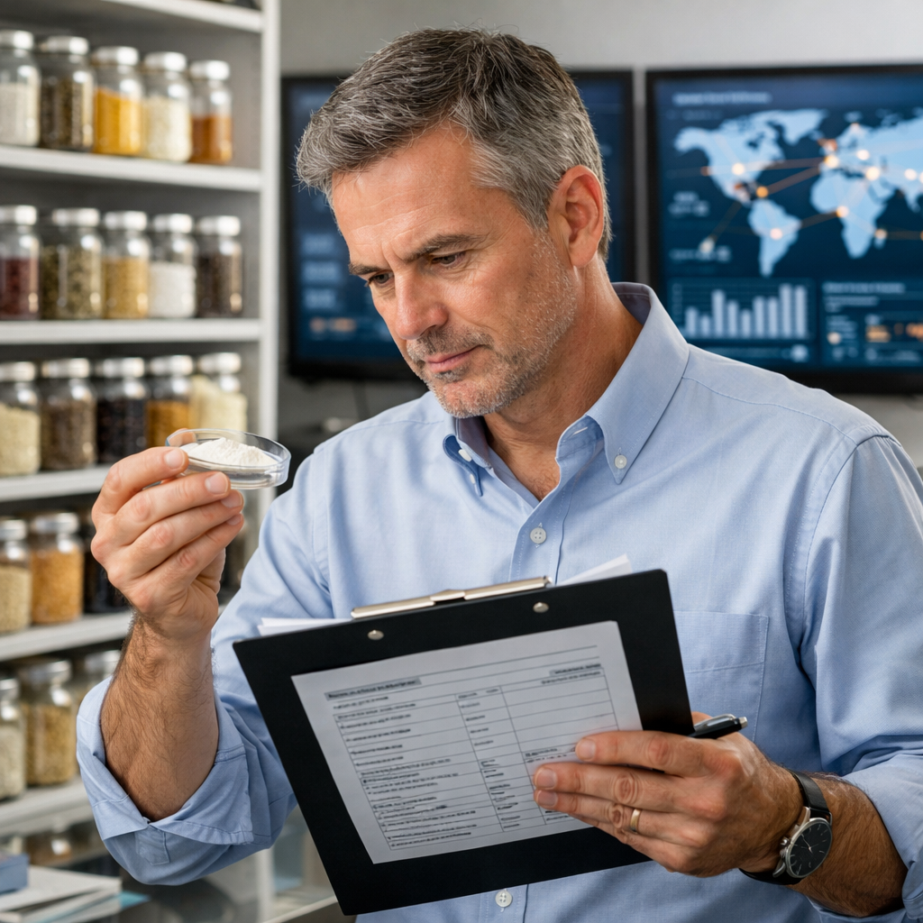 A professional ingredient buyer examining samples in a modern laboratory setting, surrounded by organized shelves of nutritional supplement ingredients in glass containers, holding a clipboard with specification documents, with global supply chain visualization screens in the background, photo style, shot with 50mm lens, natural lighting, clean and organized workspace, highly detailed, DSLR camera