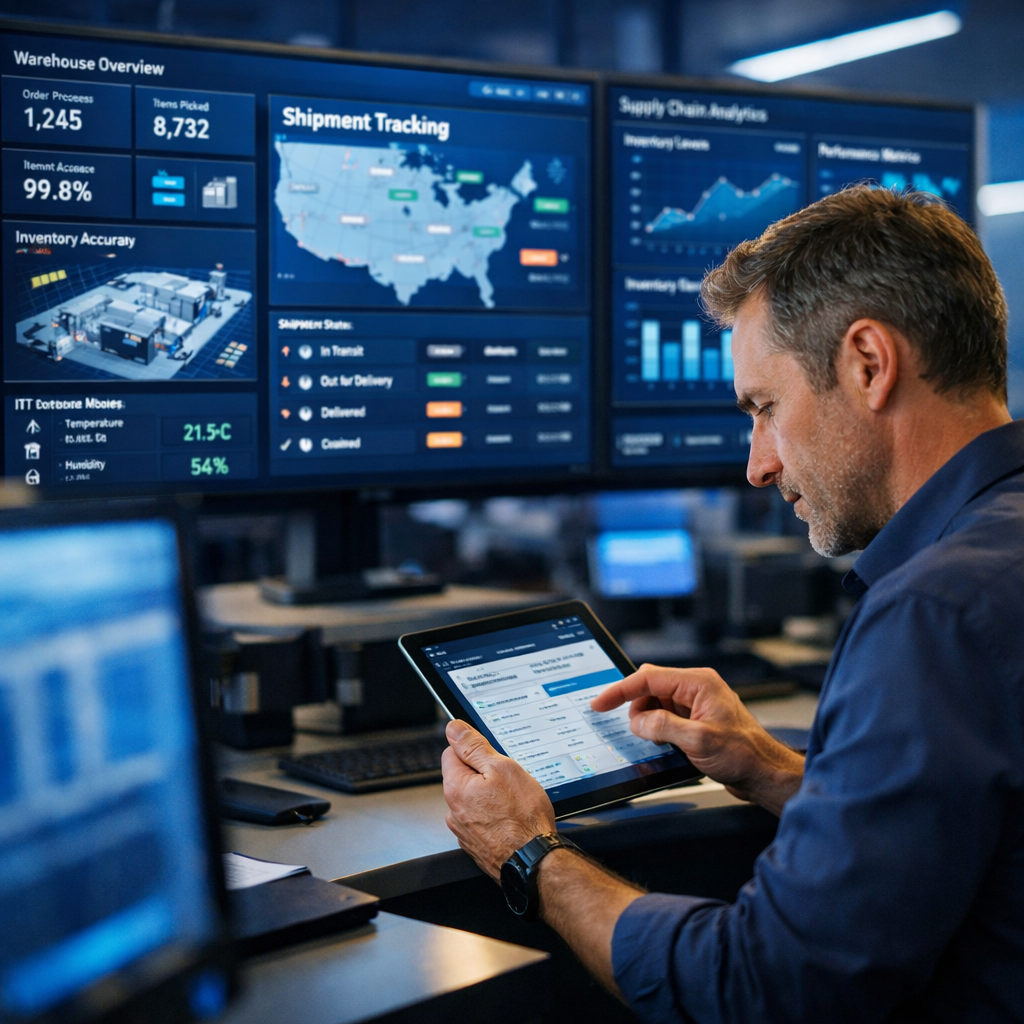 Modern warehouse control room with large digital dashboard screens displaying real-time logistics data, IoT sensor readings, and supply chain analytics, professional manager reviewing shipment tracking information on tablet device, clean corporate environment with blue accent lighting, photo style, shot with 35mm lens, f/2.8, shallow depth of field, natural lighting mixed with screen glow, high contrast, Canon EOS R5