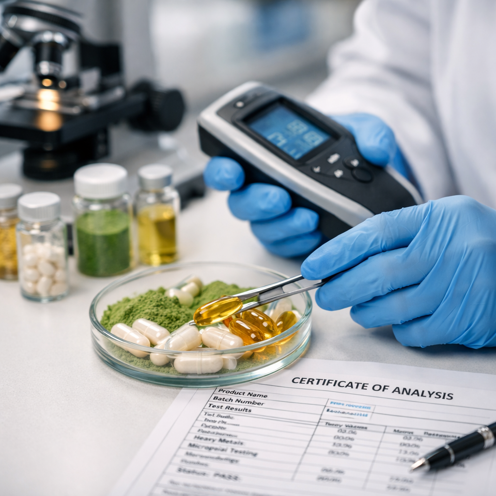 Close-up of quality control testing in a laboratory setting, showing a scientist examining supplement ingredients with testing equipment. Certificate of Analysis documents visible on a desk alongside microscope and testing vials. Professional lab environment with proper lighting. Shot with 50mm lens, f/2.8, shallow depth of field, photo style, clean and precise composition.