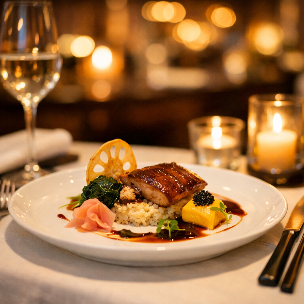 An elegant fine dining table setting showcasing East-meets-West culinary fusion: a white porcelain plate with contemporary plated dish featuring Chinese ingredients, soft candlelight in background, blurred Michelin-star restaurant interior with warm ambient lighting. Shot with 50mm lens, f/1.8, bokeh effect, golden hour color temperature, photo style emphasizing the sophisticated presentation and intimate dining atmosphere
