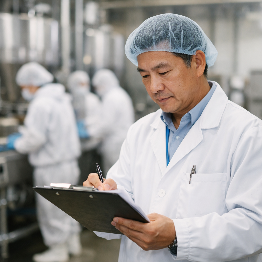A professional food safety inspector examining documentation at a modern Chinese food processing facility, with stainless steel equipment and workers in white hygiene suits visible in the background, shot with 50mm lens, f/2.8, natural lighting, photo style, highly detailed
