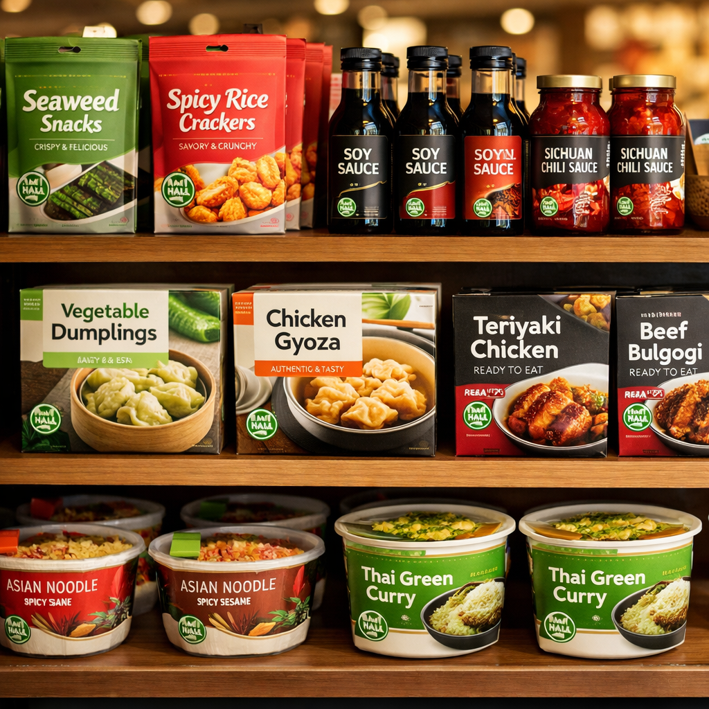 Diverse array of private label Asian food products on premium retail shelves, including snack packages, sauce bottles, frozen dumplings, and ready-to-eat meals, modern sustainable packaging with clean label design, halal certification symbols visible, organized display in upscale supermarket setting, natural lighting, shallow depth of field, shot with 50mm lens, photo style