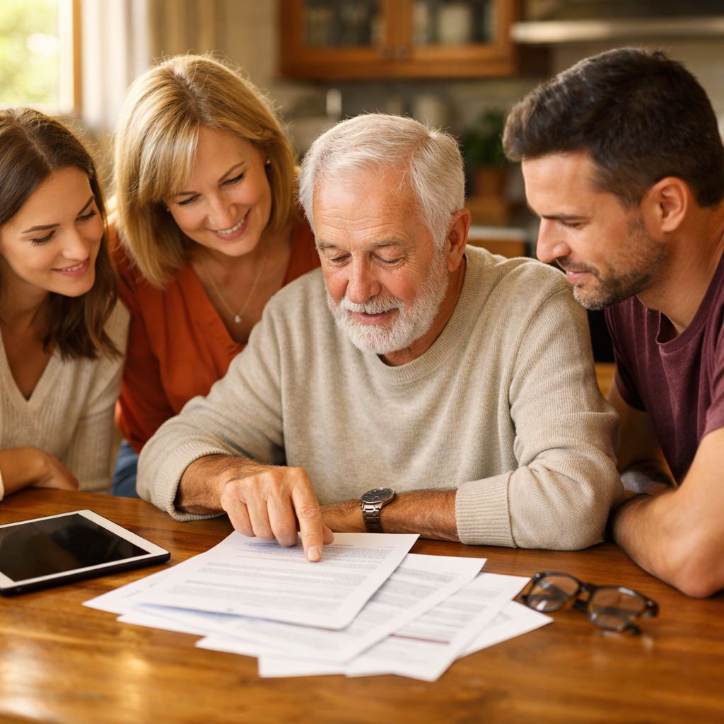 A warm, inviting photo of a multi-generational family gathered around a kitchen table, reviewing documents together with a tablet and printed papers visible. Natural afternoon sunlight streams through nearby windows. The elderly person sits at the center, actively participating and pointing at the documents while adult children lean in attentively. The scene conveys collaboration, care, and organization. Shot with 50mm lens, f/2.8, natural lighting, warm tones, photo style