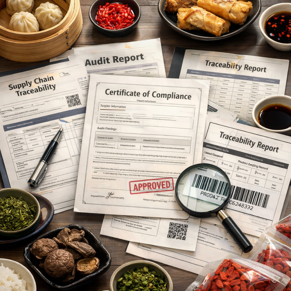 Close-up view of organized supply chain documentation spread on a modern desk, including certificates, audit reports, and traceability records with barcodes, surrounded by authentic Chinese food product samples, overhead shot, soft lighting, shallow depth of field, photo style, intricate details