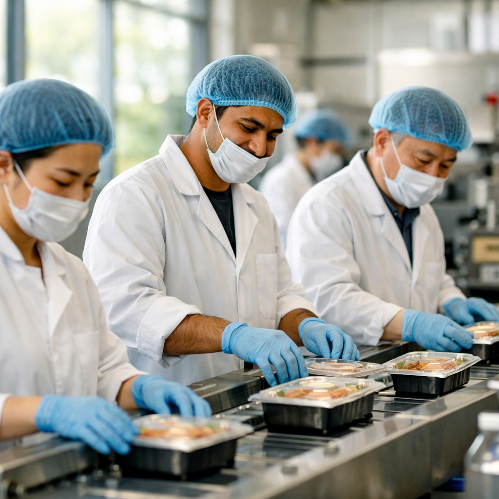 Workers in a clean Chinese food production facility wearing proper safety equipment and uniforms, diverse team working together on a modern packaging line, natural lighting through large windows, shot with 50mm lens, shallow depth of field, photo style, showing safe and ethical working conditions