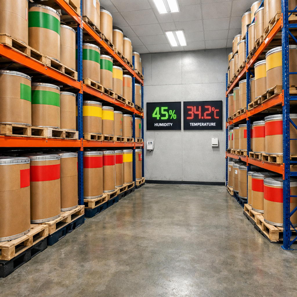Temperature-controlled warehouse storage area showing proper bulk ingredient management, with fiber drums on organized pallet racks, digital humidity and temperature monitoring displays visible on walls, color-coded labeling system, shot with wide-angle lens, professional industrial photography, bright even lighting, high contrast, photo style