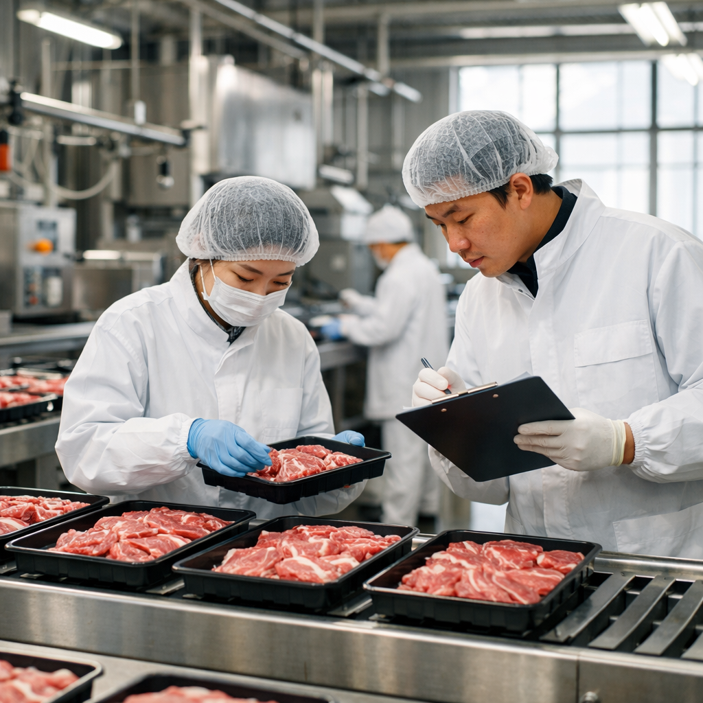 A modern Chinese meat processing facility with stainless steel equipment and workers in white protective gear and hairnets conducting quality inspection, bright industrial lighting, clean organized production line, photo style shot with 50mm lens, natural lighting through large windows, highly detailed, industrial photography