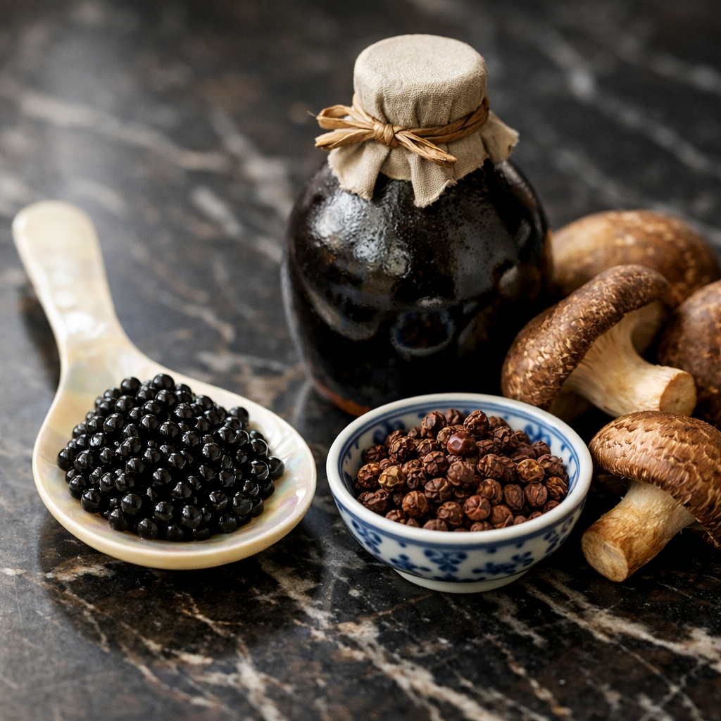 A luxurious flat lay composition on dark marble surface featuring premium Chinese ingredients: glistening black caviar in a mother-of-pearl spoon, artisanal soy sauce in traditional ceramic bottle, dried Sichuan peppercorns in a small porcelain dish, and fresh shiitake mushrooms arranged elegantly. Shot with 85mm lens, f/2.8 aperture, natural window lighting creating soft shadows, photo style with shallow depth of field, highly detailed textures showing the glossy caviar pearls and rough peppercorn surfaces