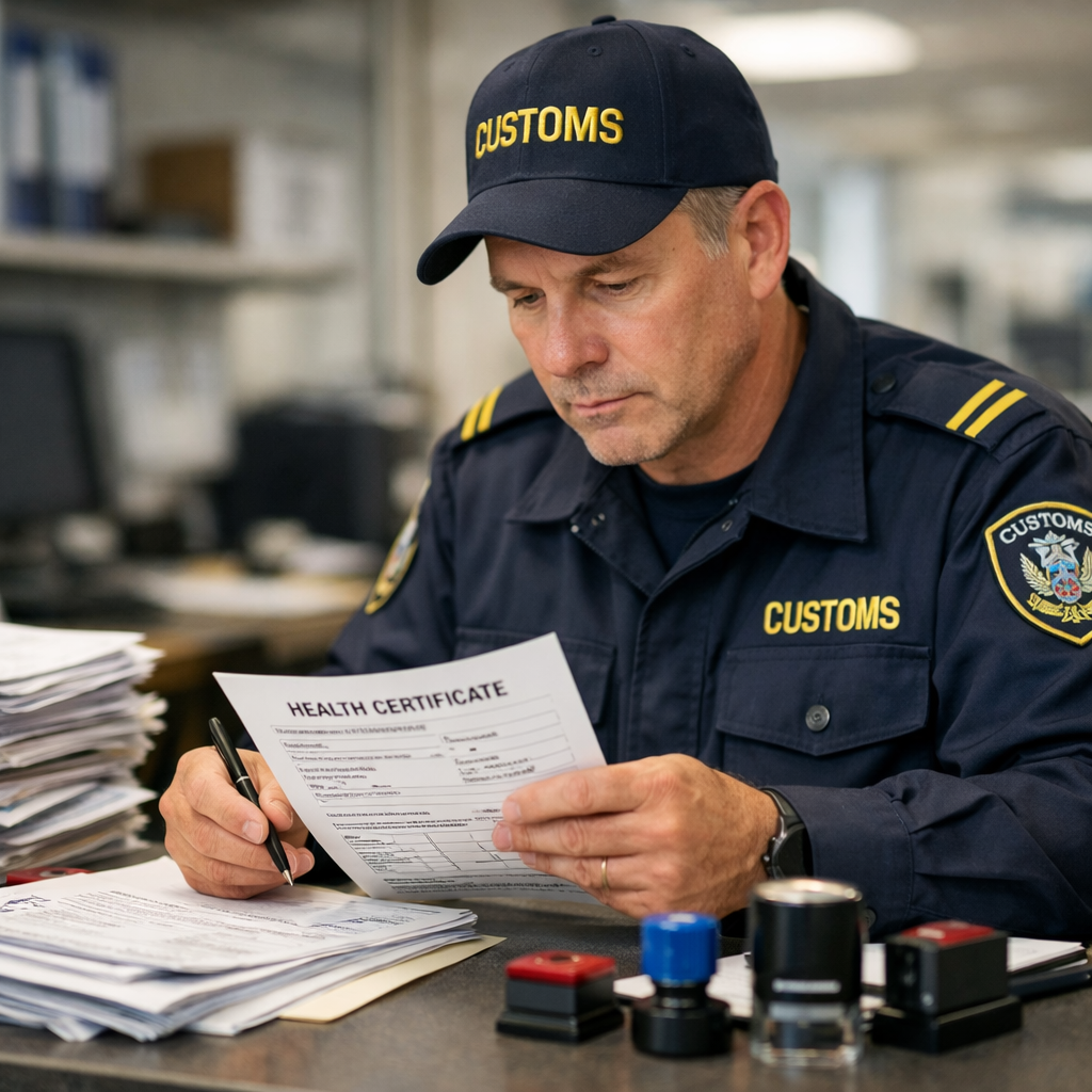 A professional customs officer in modern uniform carefully examining official health certificate documents at a well-lit inspection desk, with stacks of paperwork and official stamps visible, clean government office environment, photo style, shot with 50mm lens, f/2.8, natural office lighting, high detail, documentary photography style