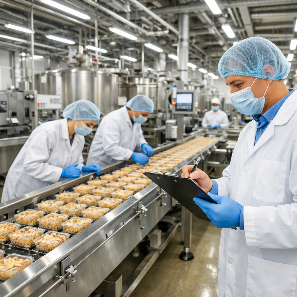 Inside a modern food production facility showing clean stainless steel equipment, workers in hygiene uniforms and hair nets inspecting production line, quality control inspector checking products with clipboard, bright LED lighting, wide-angle lens, industrial setting, photo style, highly detailed, emphasizing cleanliness and organization