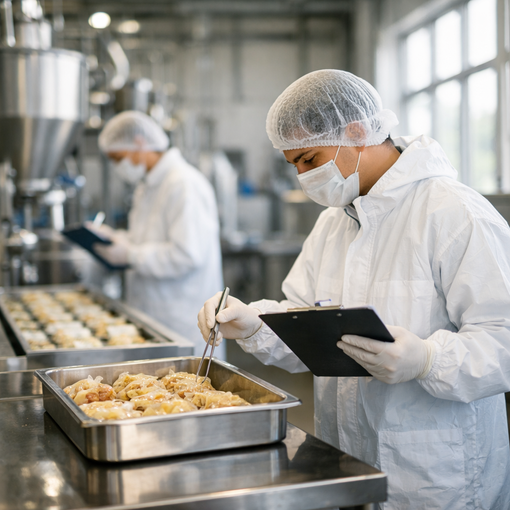 A modern Chinese food processing facility with stainless steel equipment and workers in white protective gear conducting quality inspections, natural lighting streaming through large windows, shot with 50mm lens, f/2.8, photo style, highly detailed