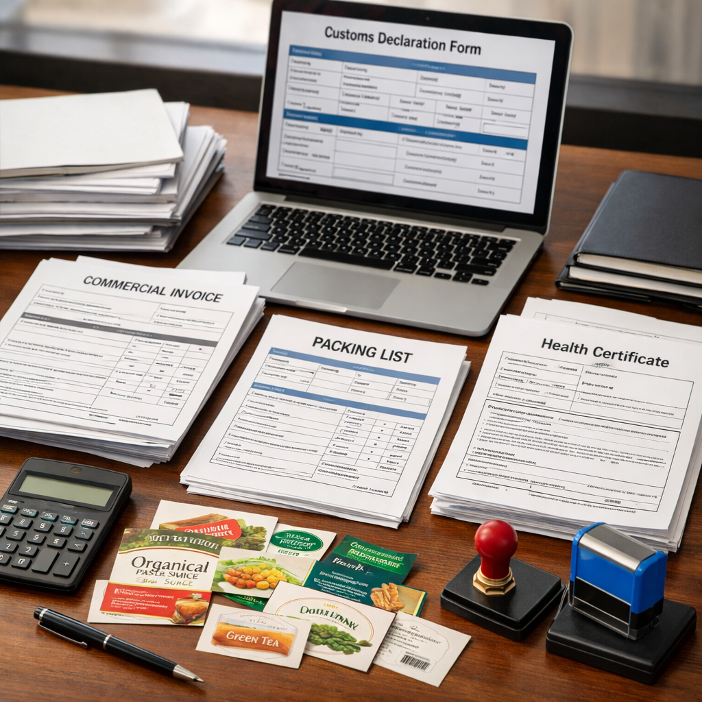 A well-organized office desk setup showing a comprehensive customs clearance documentation package for food imports. The scene includes neatly arranged stacks of official documents with visible headers like commercial invoices, packing lists, and health certificates, a laptop displaying a digital customs form, official stamps and seals, a calculator, and sample food product labels spread out for review. Shot from a 45-degree overhead angle with a 50mm lens, soft natural window lighting, clean professional workspace aesthetic, sharp focus on documents with shallow depth of field, photo style capturing meticulous preparation and attention to detail.