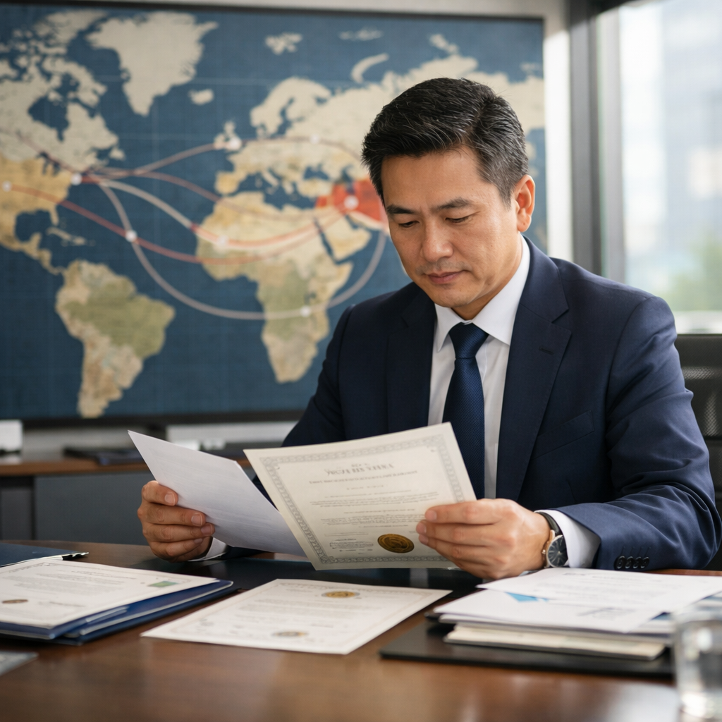 A professional business person in modern office examining documents and certificates on a desk, with a world map in background showing trade routes between China and international markets, natural lighting through large windows, shot with 50mm lens, shallow depth of field, photo style, highly detailed