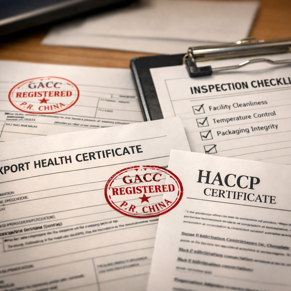 Close-up of official export health certificates and HACCP certification documents on a desk with GACC registration stamps visible, alongside a clipboard with inspection checklist, photo style shot with macro lens, soft office lighting, shallow depth of field f/2.8, business documentation photography, highly detailed paperwork