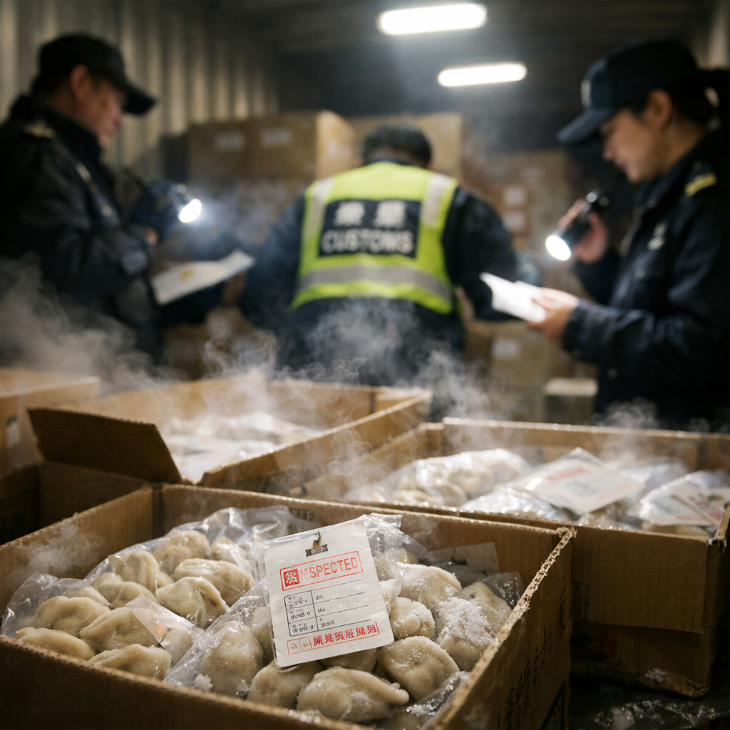 A dramatic scene showing a shipping container being inspected at a customs checkpoint, with officials examining frozen food packages under bright overhead lights. In the foreground, opened cartons reveal Chinese dumplings with visible inspection tags. The atmosphere is tense with cold vapor rising from the frozen products. Shot with 35mm lens, f/2.8, natural lighting, high contrast, photo style