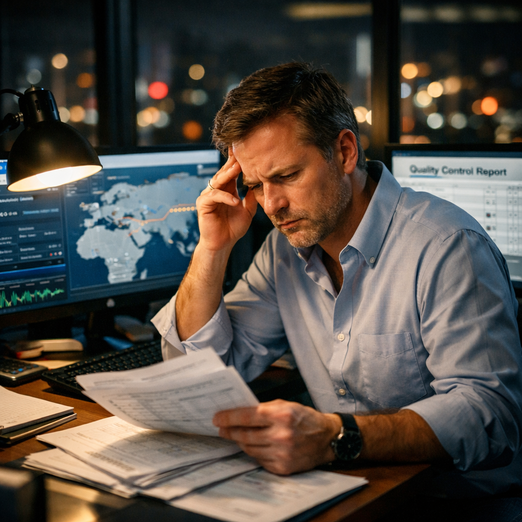 A worried international food buyer reviewing shipping documents late at night in a modern office, with multiple computer screens showing supply chain tracking data, logistics routes from China, and quality control reports. The scene conveys professional stress and complexity through dramatic desk lamp lighting, with blurred city lights visible through windows in the background. Shot with 35mm lens, f/2.8, shallow depth of field, cinematic lighting, highly detailed, photo style