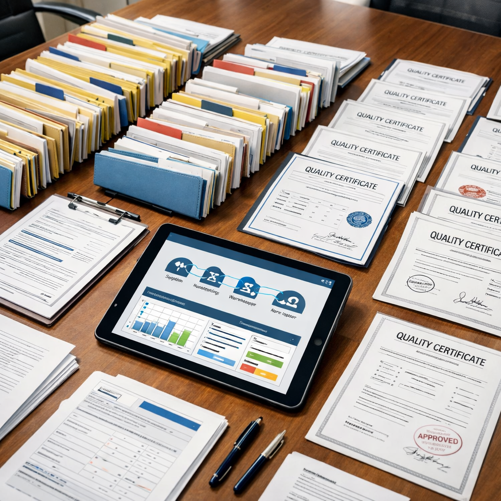 Aerial view of organized rows of documentation folders and quality certificates spread across a conference table, with a digital tablet displaying traceability data and supply chain flowcharts, bright office lighting, shot with 35mm lens, highly detailed, photo style