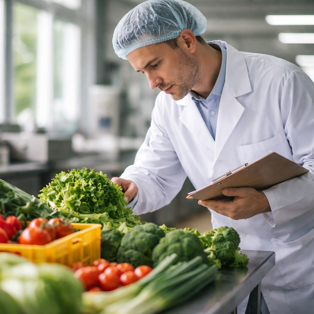 A professional food safety inspector in white lab coat and hairnet examining fresh ingredients on a stainless steel inspection table in a modern Chinese food processing facility, natural lighting from large windows, shallow depth of field, shot with 50mm lens at f/2.8, photo style