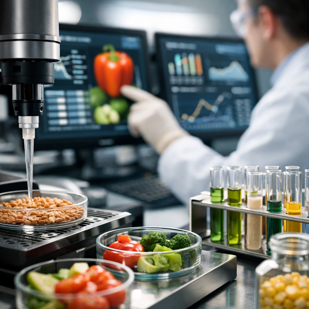 Close-up of laboratory testing equipment analyzing food samples, scientist in white coat examining test results on digital screens, clean modern lab environment, shallow depth of field, professional lighting, shot with macro lens, photo style