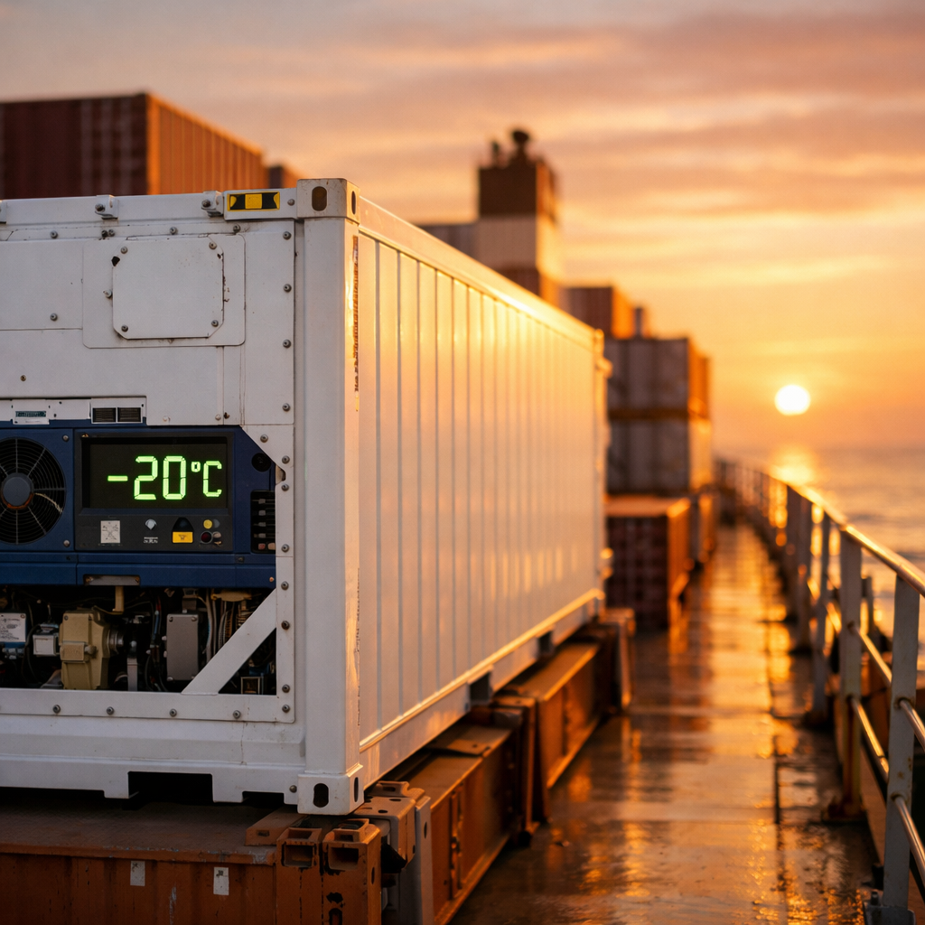 A modern refrigerated shipping container (reefer) on a commercial cargo ship deck at sunset, with its cooling unit visible and temperature display showing -20°C, shot with 35mm lens, golden hour lighting, photo style, highly detailed, shallow depth of field